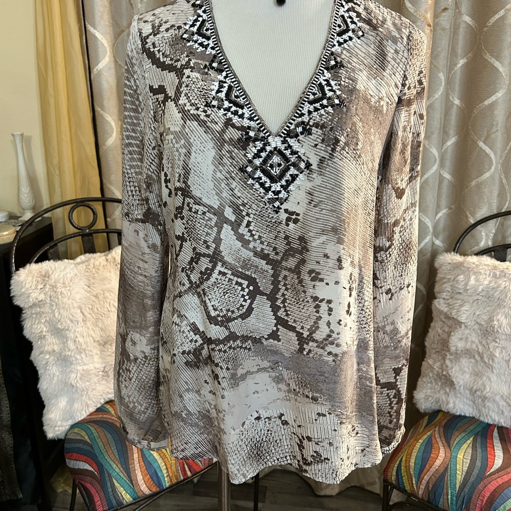 Hale Bob Beige and Black Snake Print Blouse